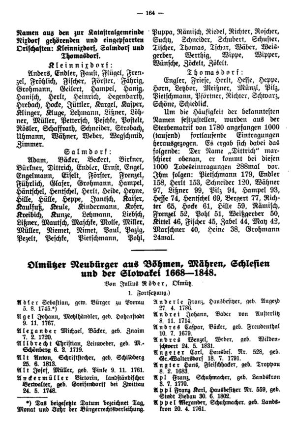 Olmützer Neubürger aus Böhmen, Mähren, Schlesien u. der Slowakei 1668-1848 - 1