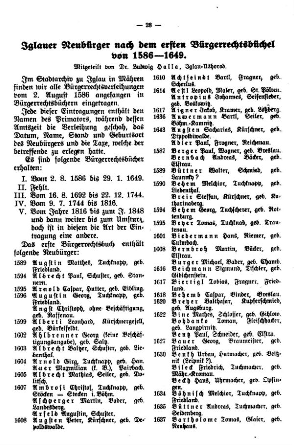 Inglauer Neubürger nach dem ersten Bürgerrechtsbüchel von 1586-1649 - 1
