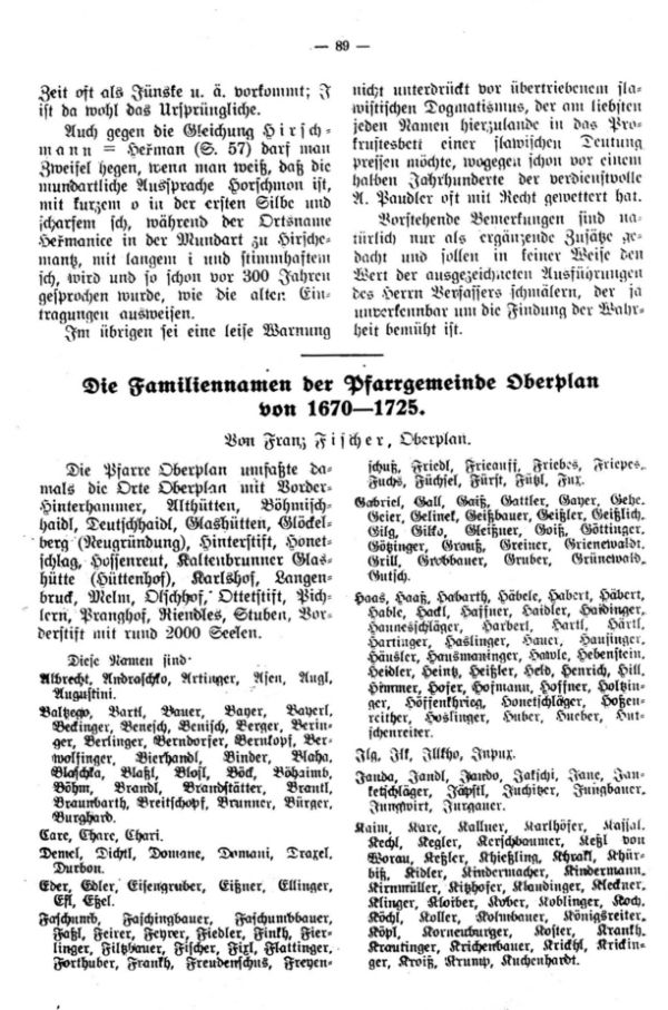 Die Familiennamen der Pfarrgemeinde Oberplan von 1670-1725