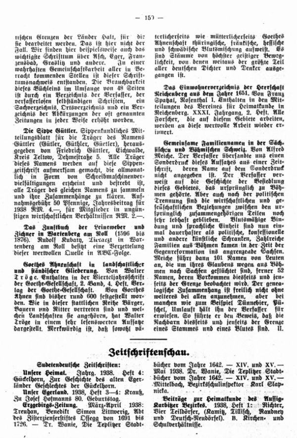 Zeitschriftenschau - Die Sippe Güttler - Das Einwohnerverzeichnis der Herrschaft Reichenberg aus dem Jahre 1651 - Gemeinsame Familiennamen in der Sächsischen und Böhmischen Schweiz